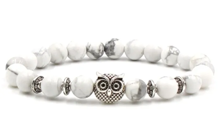 

8 мм jh5y3 Сова Рейки чакра браслет Белый Howlite Будда, йога камень бисера эфирные масла диффузор Браслеты Мода