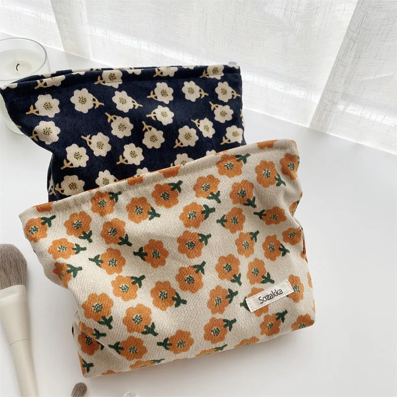 

New Japanese Flower Makeup Bag Women Corduroy Small Floral Cosmetic Bags Clutch Handbag For Girl Pencil Case Purses Lipstick Bag