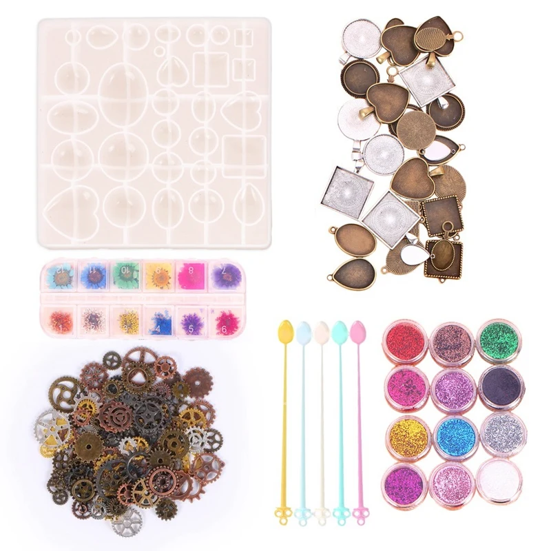 

Silicone Resin Molds Jewelry Making Kit Includes Silicone Mold, Stirring Rods,Crystal Bases, Resin Glitter and Gears