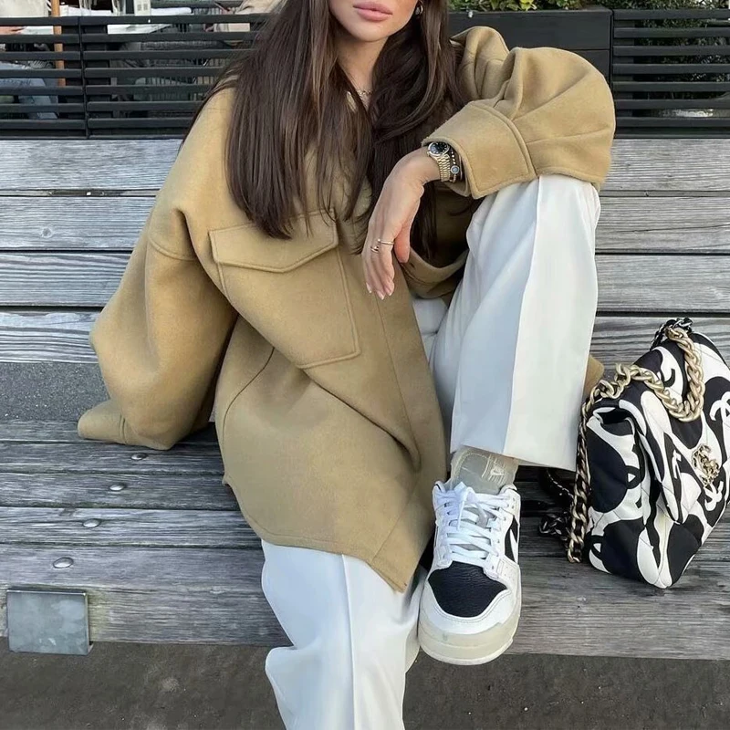 

Женская осенне-зимняя повседневная однотонная Свободная куртка с отложным воротником и длинным рукавом и карманами