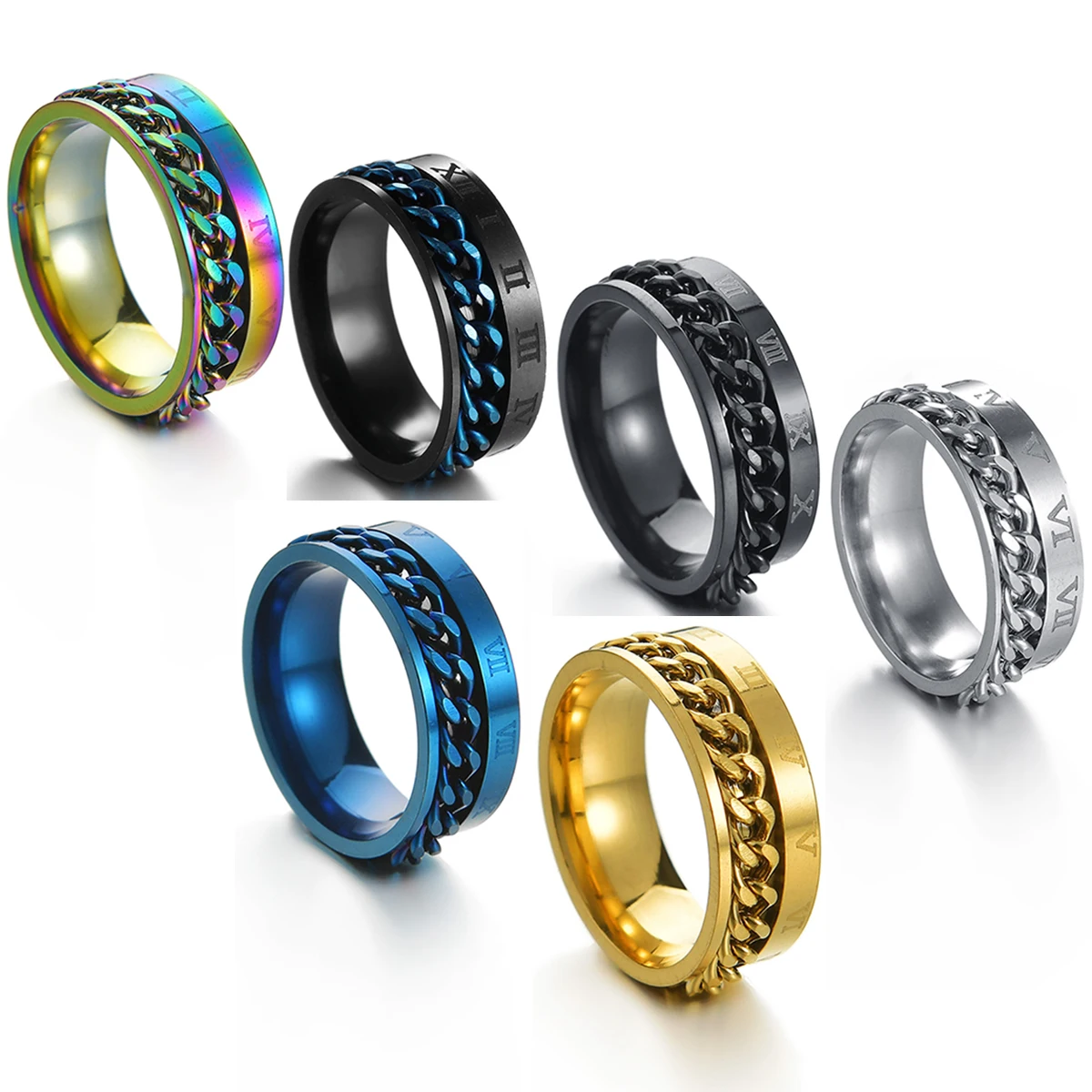 

Rotatable Fashion Punk Roman Numerals Mens Rings Stainless Steel Chain Ring for Women Trendy Rome Digital Power Sense Jewelry