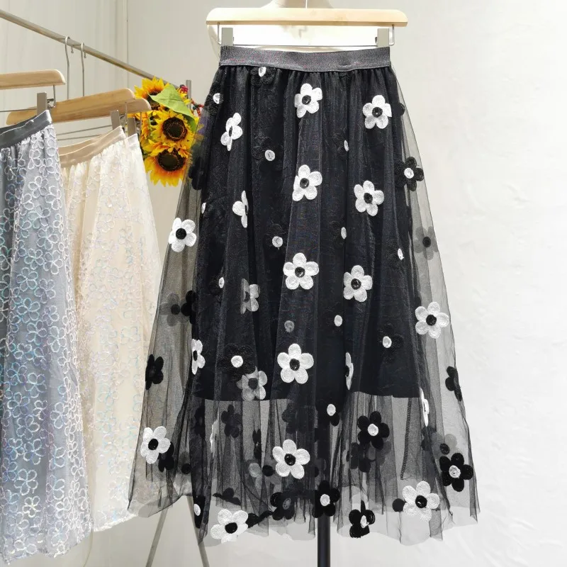 

VANOVICH Embroidered Mesh Skirt Women 2021 Summer New Korean Style Wild Ladies Skirts Elastic Waist Mesh Skirts Female