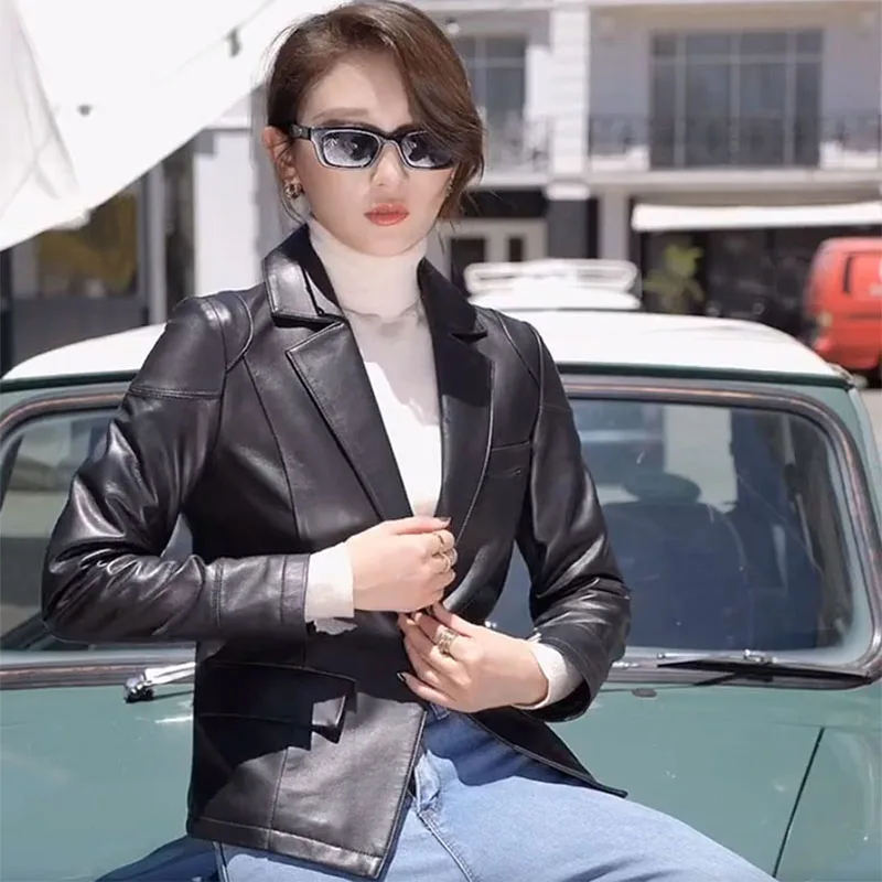 2021 Genuine Leather Women's Spring Jacket Female Black Fashion Real Leather Sheepskin Coat  Turn-down Collar Office Ladies New