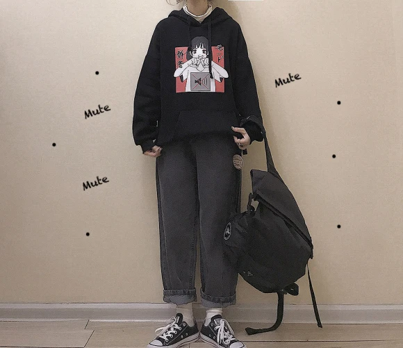 Аниме принт толстовка женская Kawaii Толстовка Harajuku одежда пуловер с капюшоном корейского размера плюс тонкая Повседневная Уличная одежда Топ V562