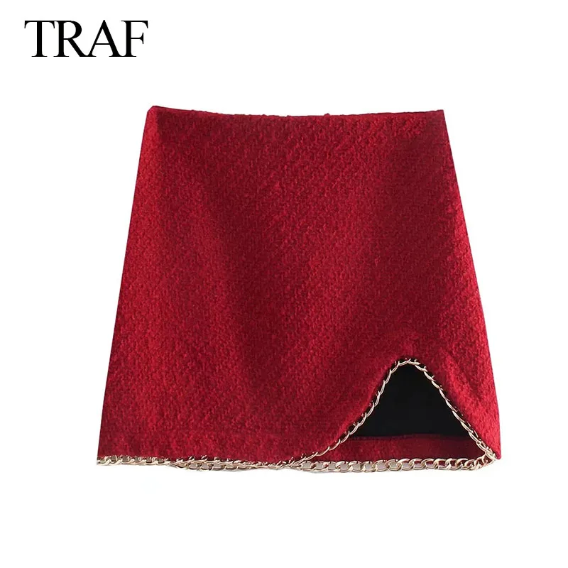 

TRAF ZA Women's Sexy Skirt Fashion Vintage Chain Side Tweed Textured Mini Skirt Office Lady Elegant Solid High-waisted y2k Skirt