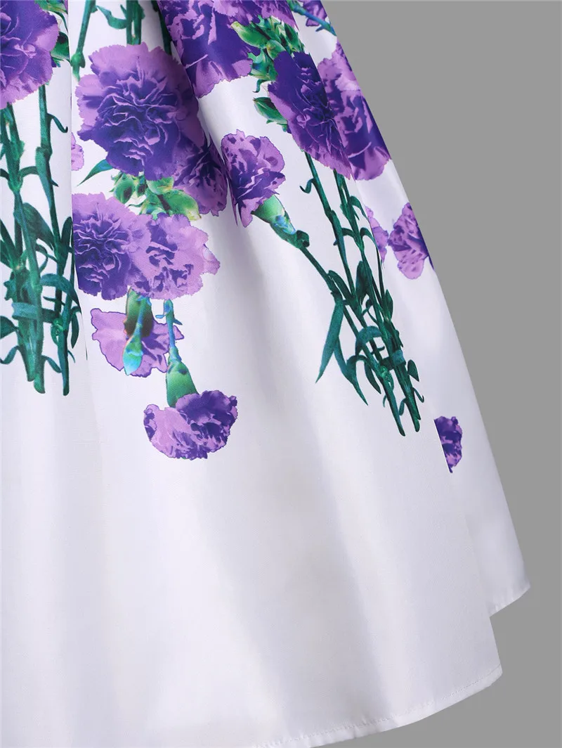 

Purple Flower Print Off Shoulder Dress Elegant Short Sleeve Women Classy Vintage A Line Ladies Pleated Party Dresses Vestidos