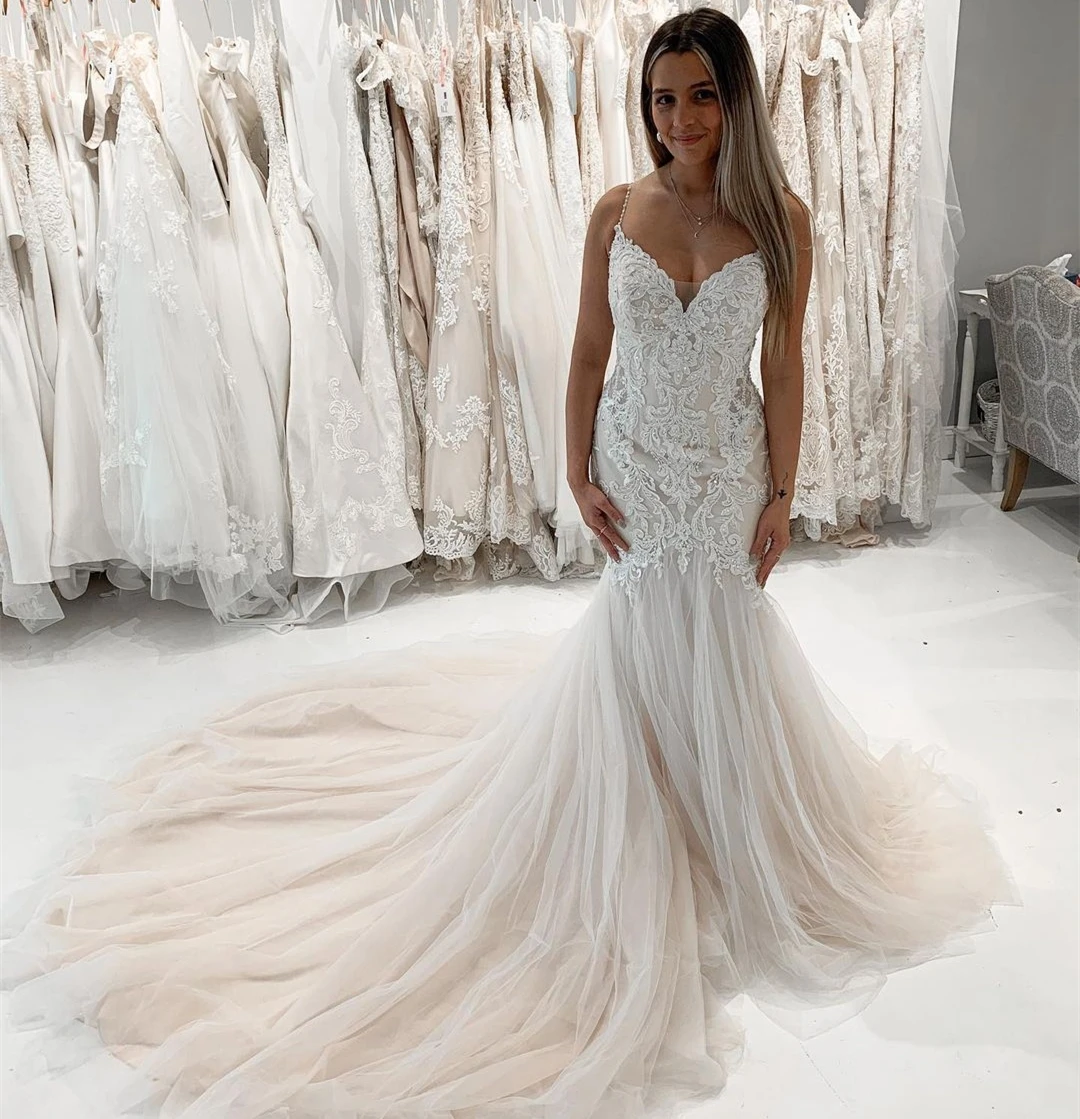 

New Mermaid Wedding Dress Organza Tulle Sweep Train Charming Lace Appliques Dubai Saudi Arabic Sleeveless Custom Made For Brides