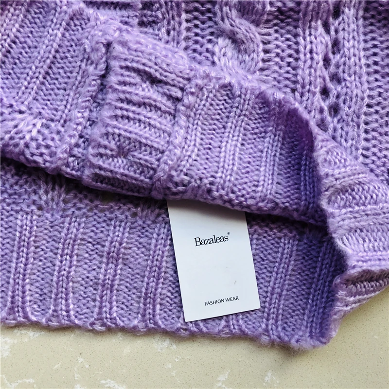 Bazaleas Франция мягкий женский свитер винтажные центральные значки mauve фиолетовый Теплый Kintted Carfigans harajuku Повседневная Прямая