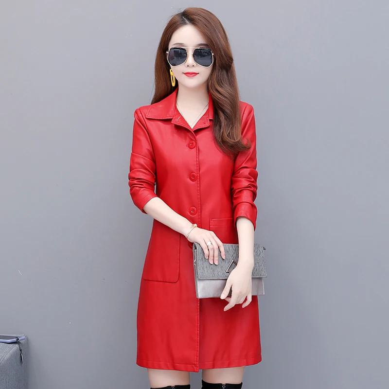 Весенняя куртка Женское пальто из искусственной кожи средней длины осенняя