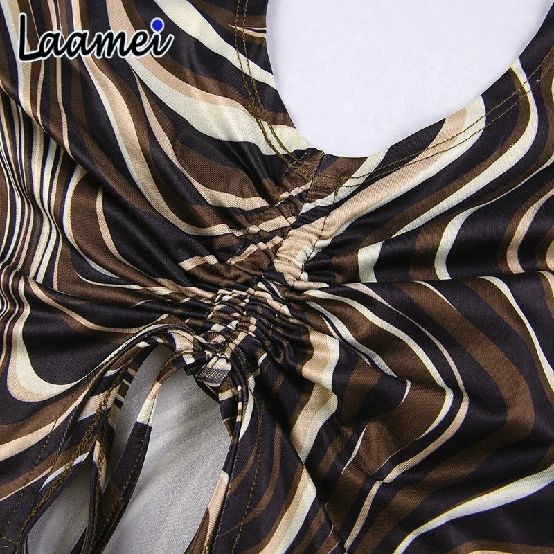

Laamei Wave Print Y2K Brown Halter Camisole Women V-neck Shirring Skinny Corset Tops Aesthetic Korean Summer Harajuku Tan Top