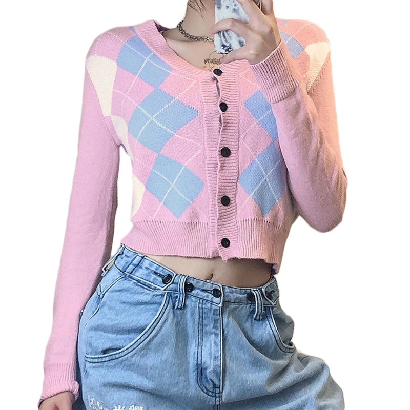 

Women Long Sleeve Knit Button V-Neck Cardigan Argyle Plaid Pattern Sweater Coat J78E