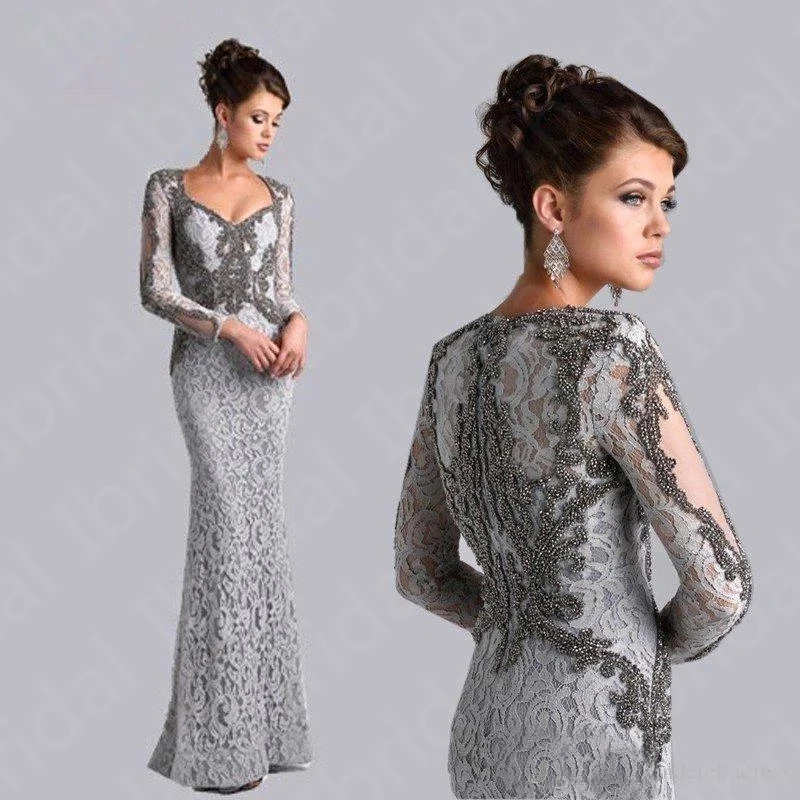 

2021 Latest Elegant Silver Mermaid Lace Mother of the Bride Dresses Long Sleeves V Neckline Beading Bodice Wedding Guest Gowns
