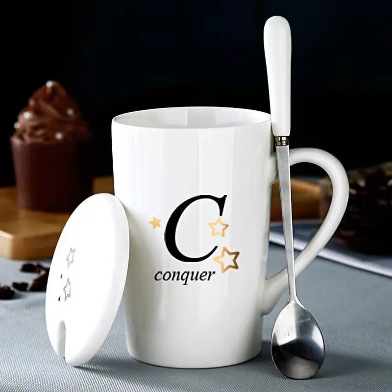 

380ML Letter Ceramic Mug with Lid Spoon Couple Milk Juice Water Tea Coffee Cup Drinkware Wedding Bridal Lover's Gifts
