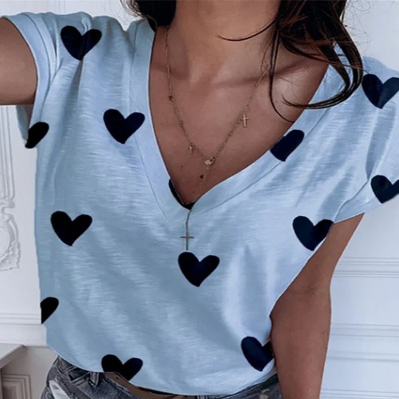 Женская футболка в форме сердца с V образным вырезом летняя женская коротким
