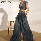 Комбинезон VONDA женский без рукавов с глубоким V-образным вырезом, пикантный Длинный комбинезон с широкими штанинами, брюки палаццо, комбинезон