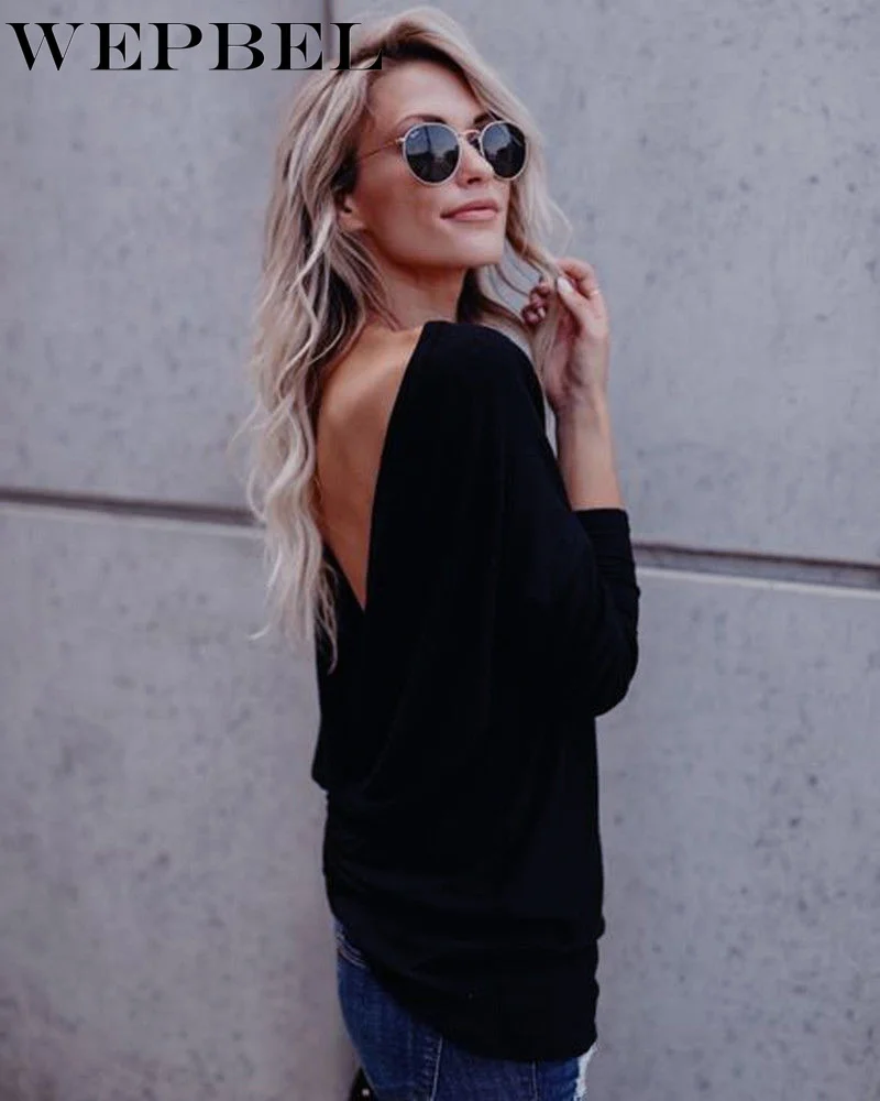 

WEPBEL Womens Sexy V Open Back Backless Blouse Tops Long Sleeve Loose Casual Shirt