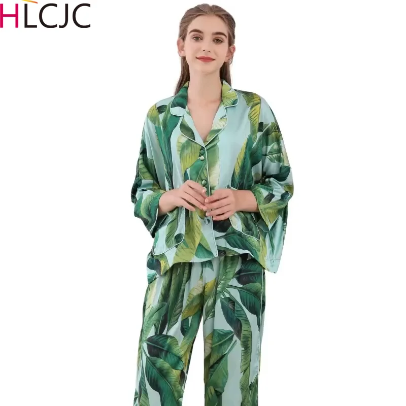 Женская шелковая пижама комплекты атласная Пижама с принтом свежих листьев