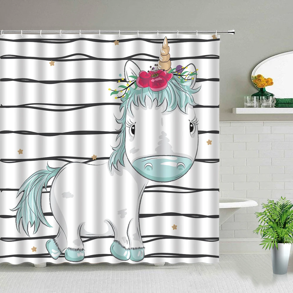 

Занавески для душа с милыми единорогами и цветами, декоративные водонепроницаемые тканевые шторы для ванной комнаты с милыми мультяшными ж...