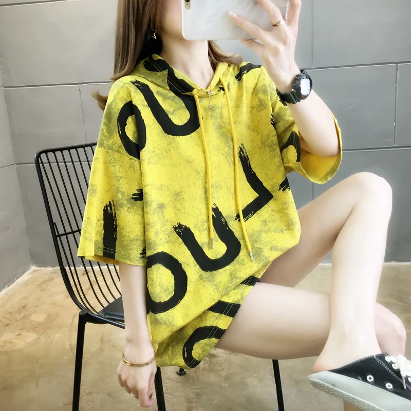 

Internet sensation hooded short-sleeved t-shirt women's summer wear European big version loose half-sleeved clothes fashion