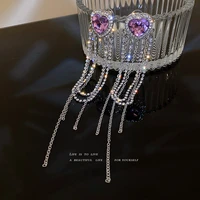 fashion exaggerate crystal zircon heart tassel chain long pendant earrings bridal wedding party jewelry for women dangle earring