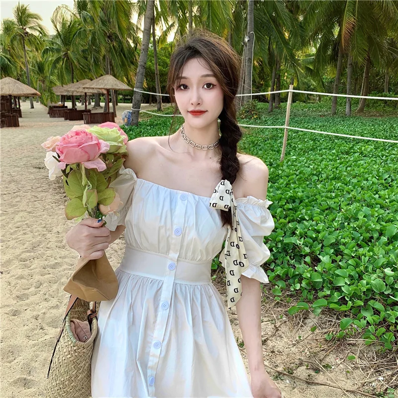 

2021 Summer New High Waist Waist Slimming Simple Blue Sweet All-match Sexy One-line Collar Temperament Women Dress Free Shipping