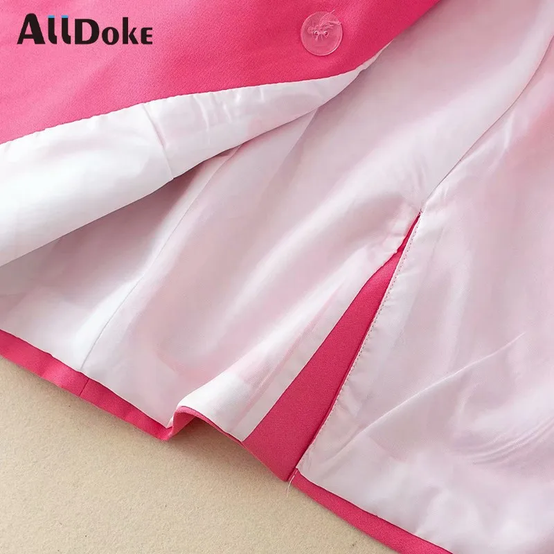 

ALLDOKE pink casual vintage blazer women autumn notched long sleeve double breasted coats pockets office ladies blazers femme