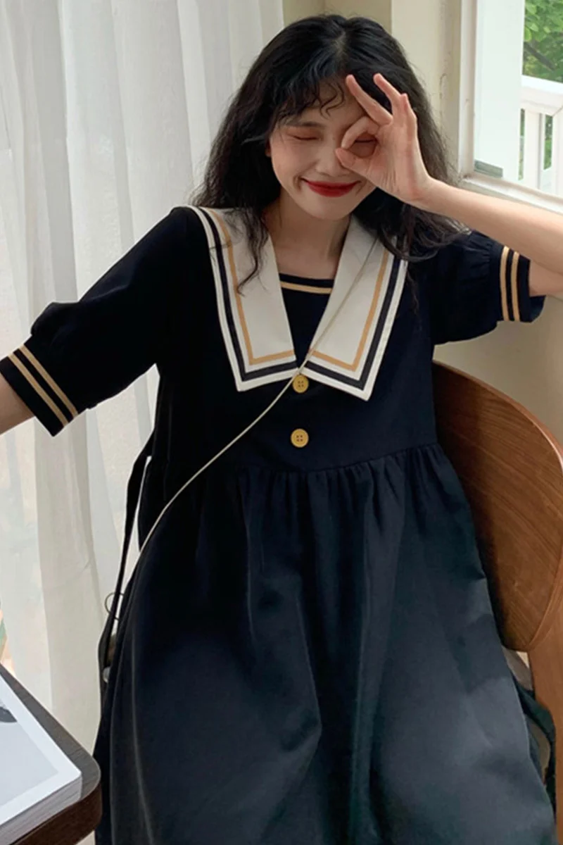 

2020 New Style Loose Summer Sailor Collar Fairy Tale Style Korean Style Mid-Length Platycodon Grandiflorum Dress school uniform