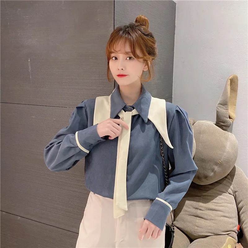 

New Korean Bow Turn-down Collar Loose Blouses Women Clothing Sweet Style Loose Ladies Tops 2021 Fashion Brand Shirts Female Ins