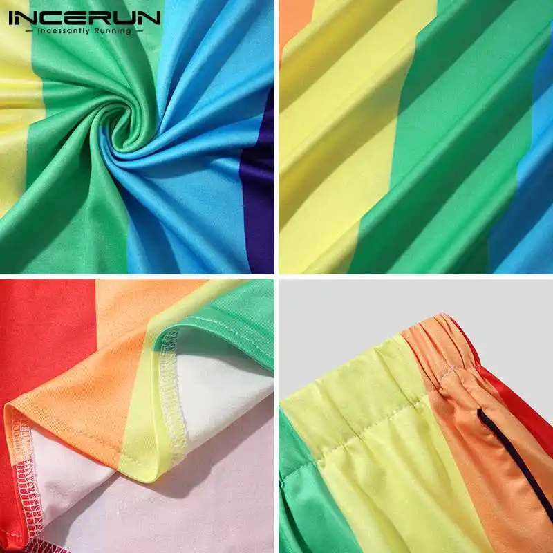 

INCERUN Men Pajamas Sets Colorful Striped Homewear Sleeveless Tank Tops Sleepwear & Shorts 2021 Summer Cozy Men Nightwear Suits