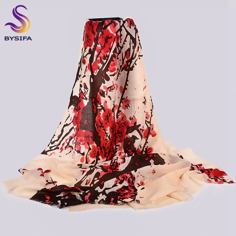 [BYSIFA] женские шарфы из чистой шерсти, шарфы, новинка, картина маслом, стильные зимние женские зеленые длинные шарфы, пашмины, брендовые с кисточками шарф шаль - Цвет: beige red