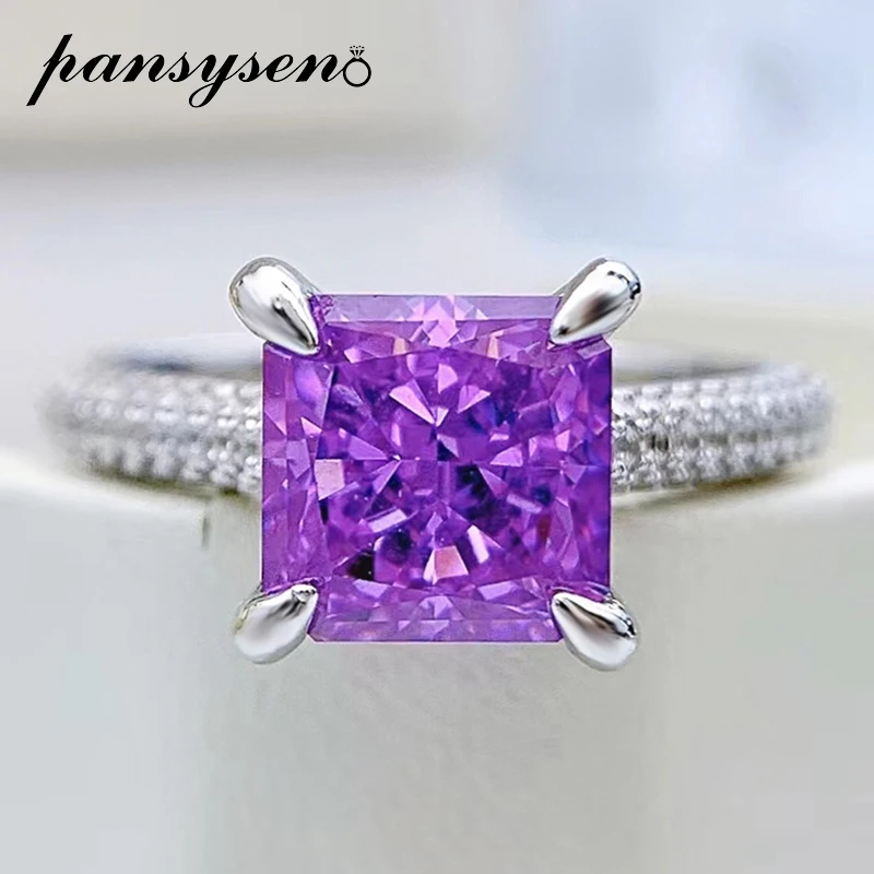 

PANSYSEN 100% 925 Sterling Silver Radiant Cut Amethyst High Carbon Diamond Wedding Engagement Ring Fine Jewelry Gifts Wholesale
