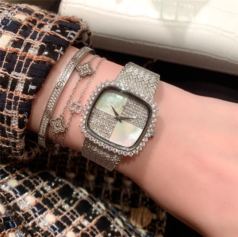 

brand P woman quartz watch stainless steel band watch full gems square symmetr natural white pearl dial palte luxury atmosphere