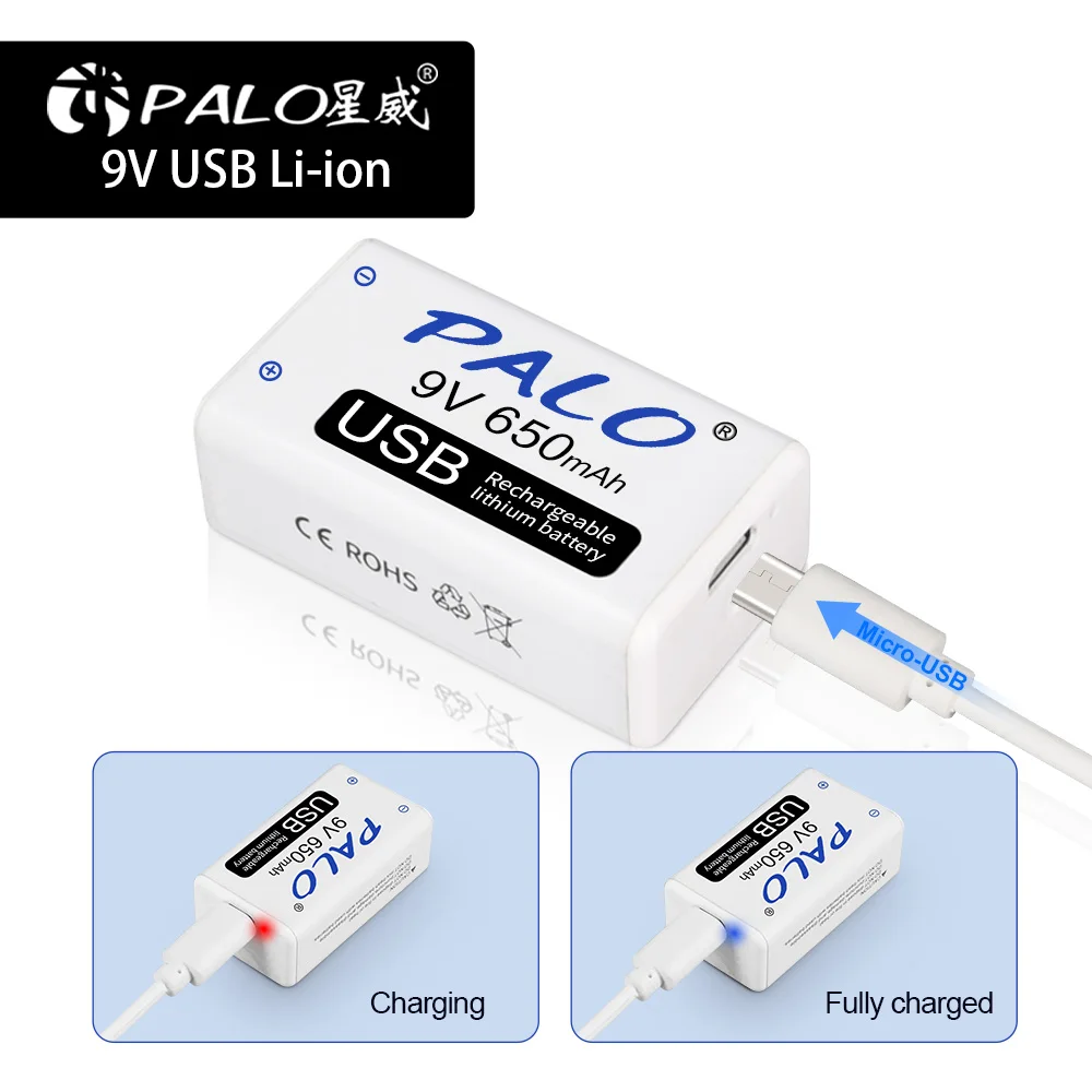 PALO 9V 650mAh литий-ионная аккумуляторная батарея Micro USB батареи micro 9 v 6F22 литиевая для