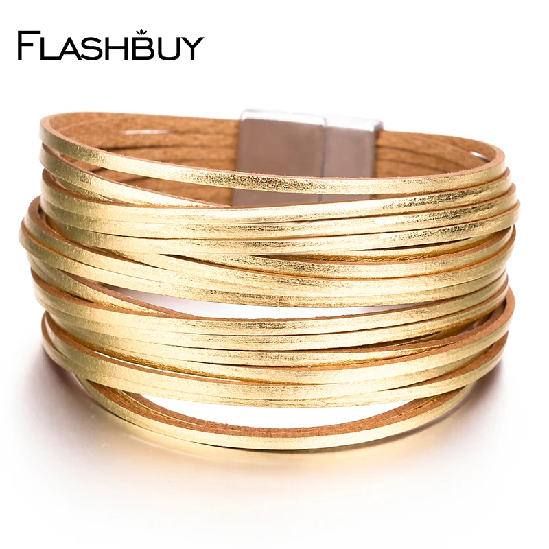 

Flashbuy Fashion Gold Color Multilayer Leather Bracelets For Women Multicolor Magnetic Bangles Couple Jewelry Wholesale