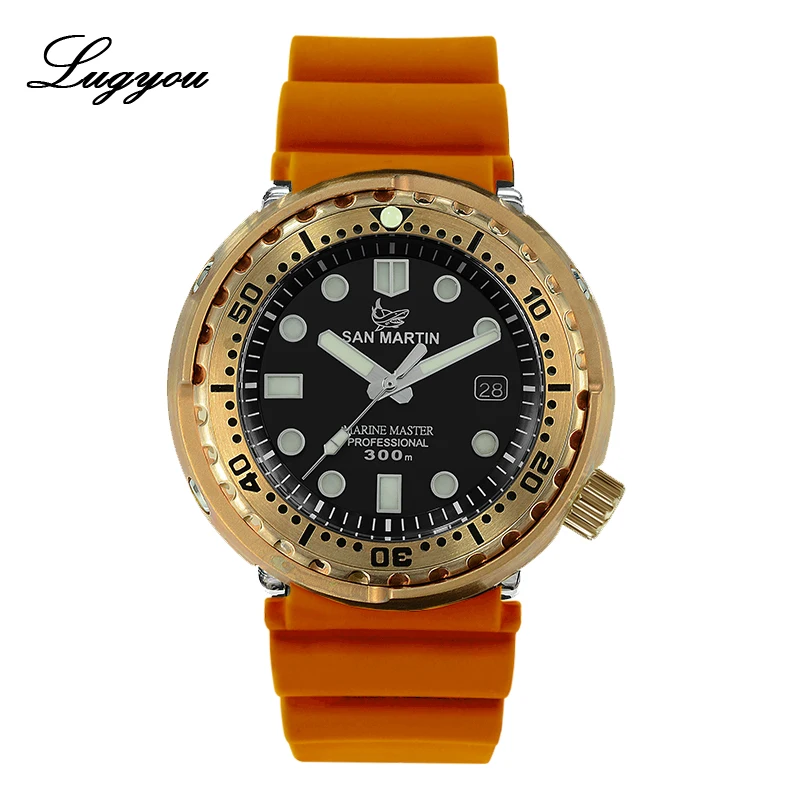 Shark Orange NH35 Lugyou Сан Мартин тунец SBBN015 механические мужские часы бронзовая резина черный сапфир выпуклые 300 метров Водонепроницаемость супер свечение - Цвет: Shark Orange NH35