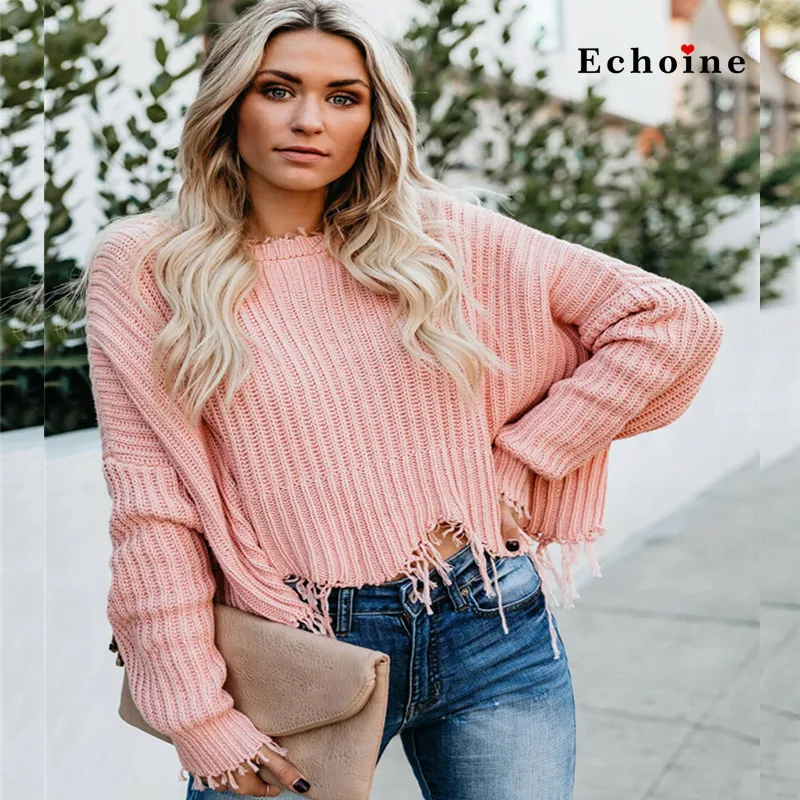 Women Tainted Love Cotton Distressed Sweater Pullover Textured Deep V-Neck Long Sleeve Casual Loose Fit Tops Highstreet Outwear | Женская