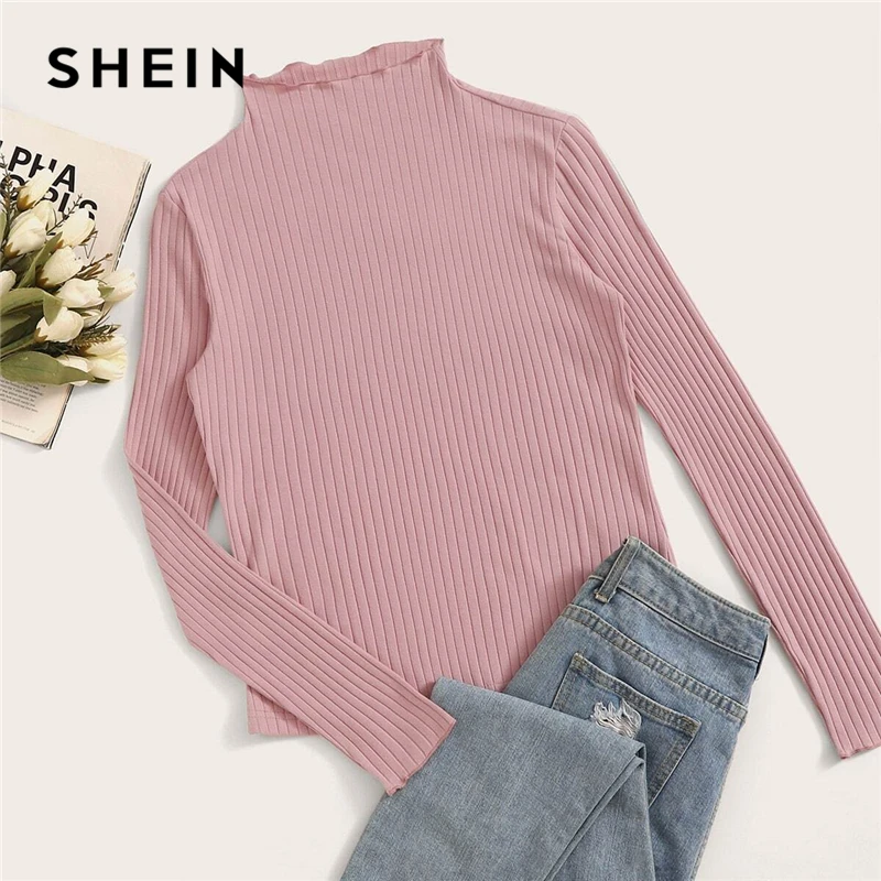 SHEIN, стоячий воротник, Однотонная футболка с отделкой салата, ребристая трикотажная футболка, женские футболки, осень, длинный рукав, элегантная Офисная Женская футболка