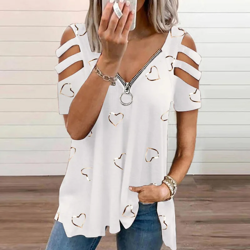 

Women Elegant Zipper V Neck Blouse Shirt Sexy Hollow Out Short Sleeve Ladies Tops Summer Casual Heart Print Loose Shirt Blusas