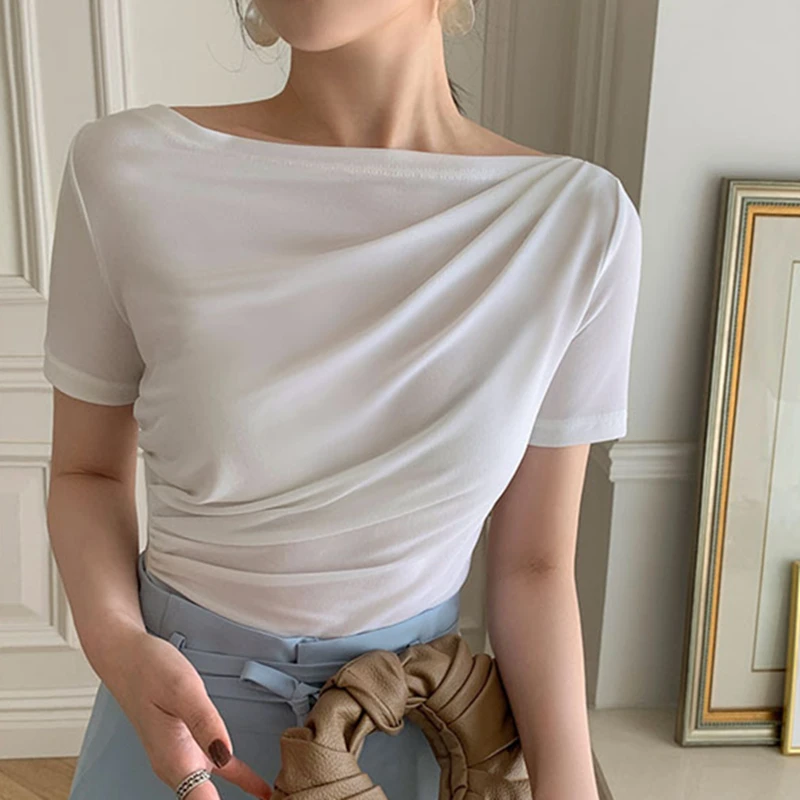

Summer 2021 New Slim Women Short Sleeve T Shirt Design Fashion Pleated White Basic Tee Ladies Elegant Office Wear Tshirts