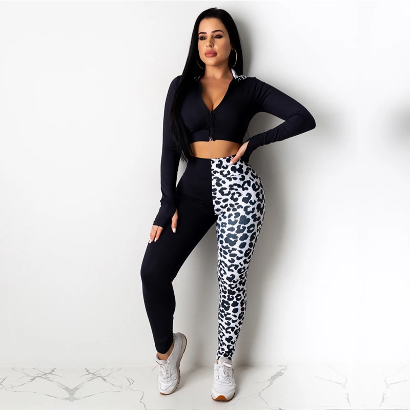 

Весенне-осенний женский спортивный костюм, укороченный топ на молнии и длинные брюки в стиле пэчворк, комплект из двух предметов, женский се...