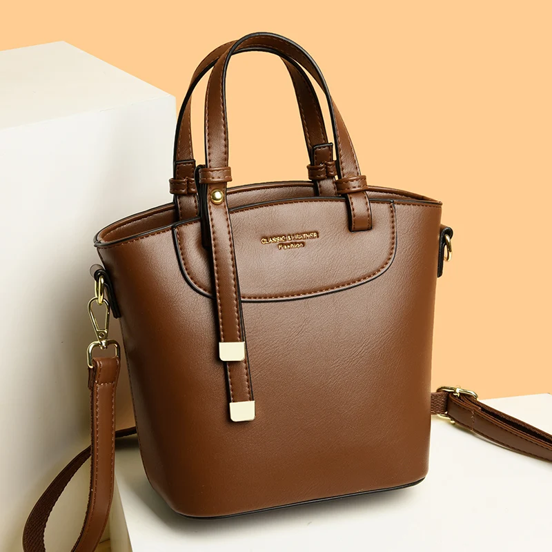 

Wild PU Leather Bucket Handbags for Women Pure Color Fashion Shoulder Bag Female Vintage Simple Work Crossbody Bags New Arrival