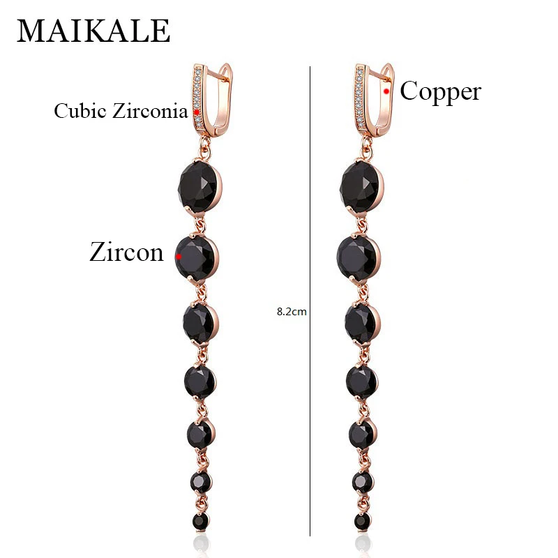 MAIKALE, новинка, модные, круглые, CZ циркониевые, длинные серьги для женщин, розовое золото, хорошее ювелирное изделие, кисточка, черные, серебряные, висячие серьги в подарок