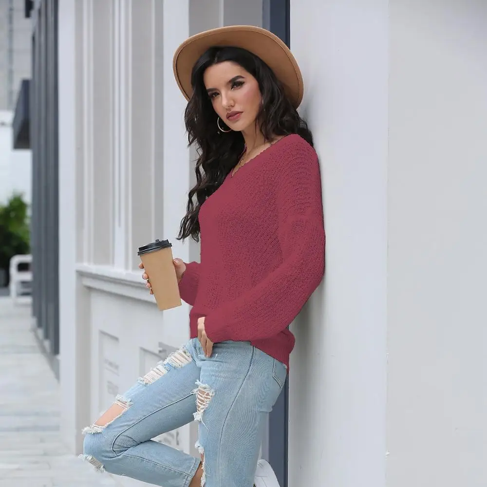 

2020 Europe And America New Autumn Winter Knitted Long-Sleeved V-Neck Sexy Open Back Solid Color Pullover