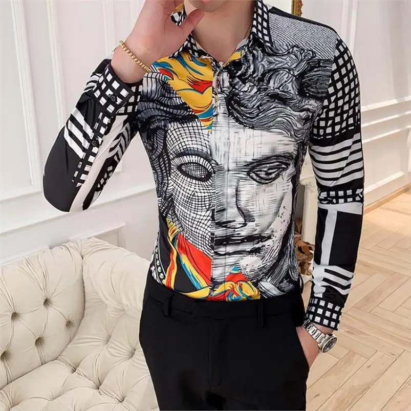 Мужская рубашка с длинным рукавом Повседневная приталенная геометрическим