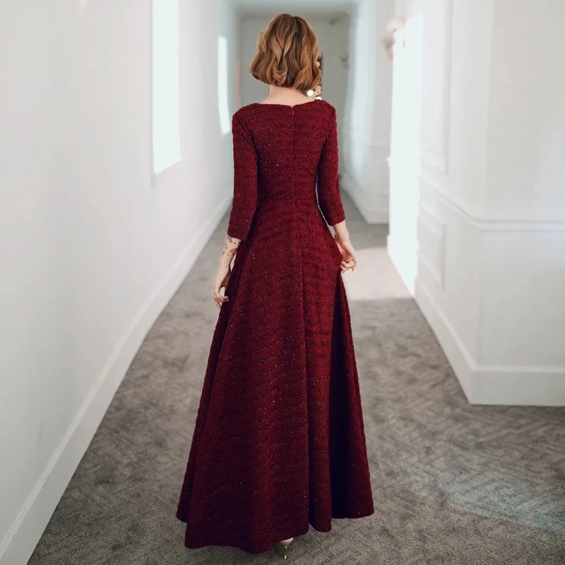 Женское длинное вечернее платье бордовое кружевное элегантное платье-трапеция с