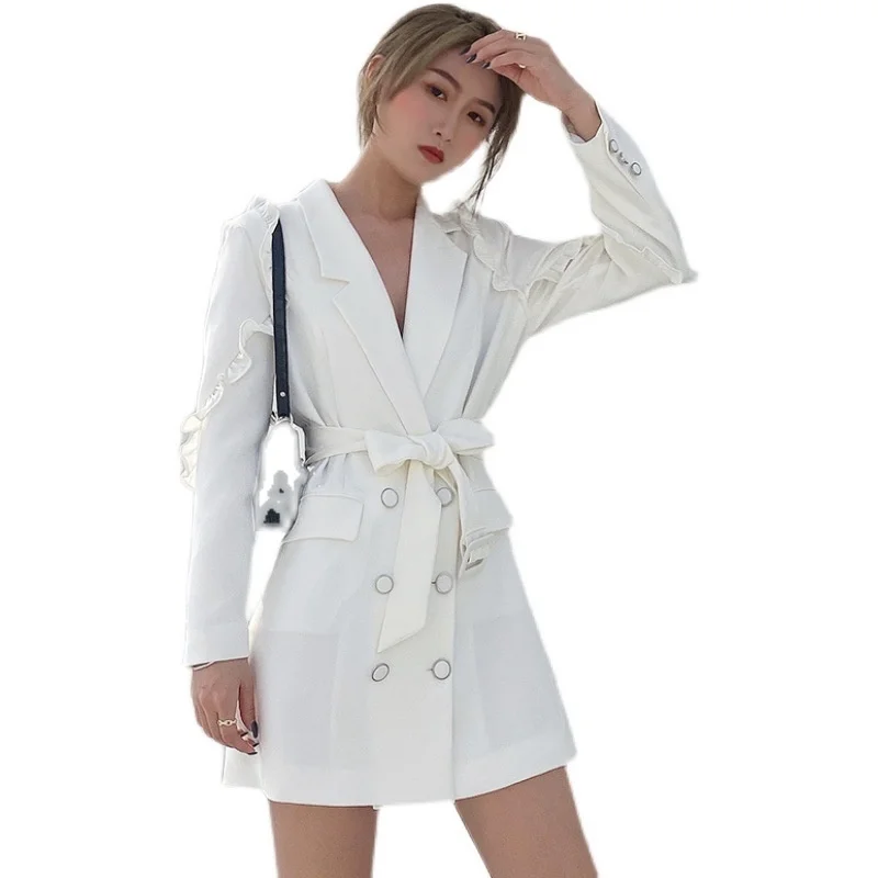 

White suit skirt 2021 spring new double breasted slim waist dress short girl
