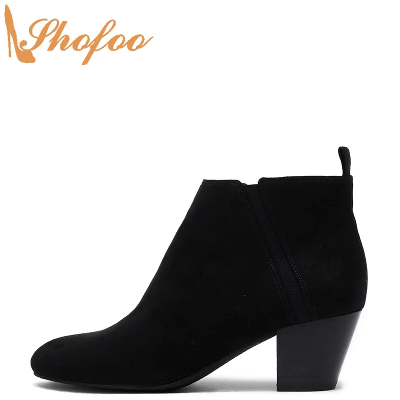 

Ботильоны черного цвета женские ботинки на высоком не сужающемся книзу массивном каблуке, с круглым носком, на молнии, большие размеры 14, 15, женская модная эластичная пикантная обувь для зрелых женщин Shofoo