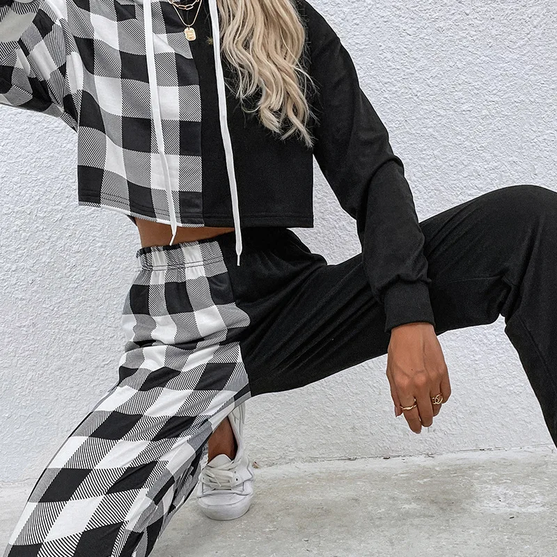 

Autumn Spliced Plaid Hoodie Sets Women Short Hooded Sweatshirt Matching Outfit Female Long Sleeve Blouse Elastic Waist Pant Suit
