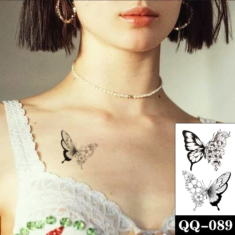 

Waterproof Temporary Tattoo Sticker Black Butterfly Rose Flower Animal MOON Fake Tattoos Flash Tatoos Chest Body Art Women Men