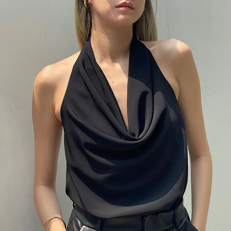 

European and American Women's Summer New Style Sexy Self-cultivation Solid Color Hanging Neck V-neck Halter Vest Women Tank Top